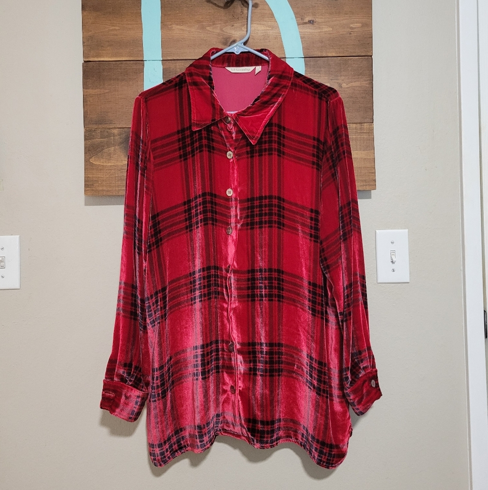 Soft Surroundings Red Plaid Velvet Silk Blend Cozy Button-Up Shirt Size Large